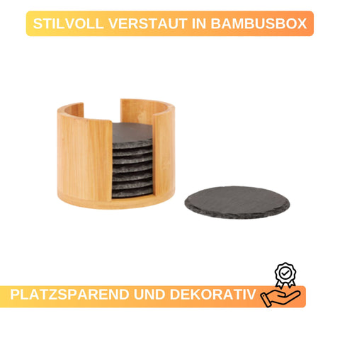 Thiru Getränkeuntersetzer Set – 8 Schiefer-Untersetzer rund Ø 10 cm mit rutschfesten Füßen