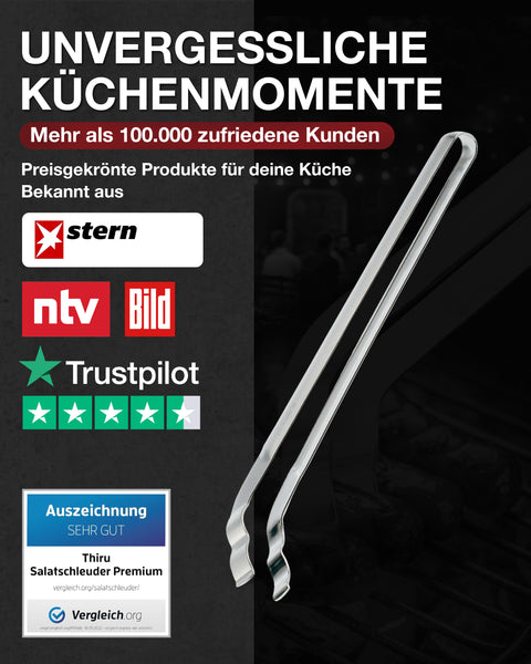 Thiru Grillzange gebogen 34 cm – Edelstahl Einstück-Zange mit gewelltem Greifende & Profi-Qualität