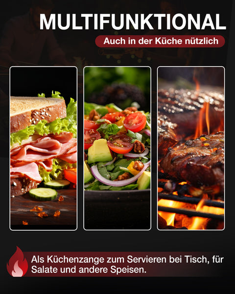 Thiru Grillzange gebogen 34 cm – Edelstahl Einstück-Zange mit gewelltem Greifende & Profi-Qualität