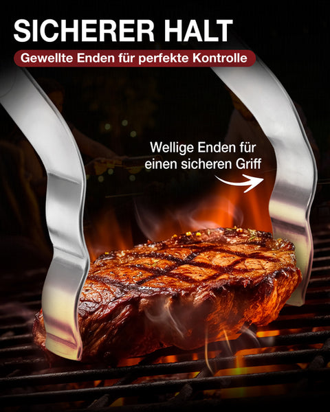 Thiru Grillzange gebogen 34 cm – Edelstahl Einstück-Zange mit gewelltem Greifende & Profi-Qualität