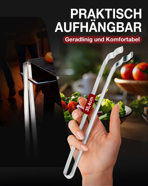 Thiru Grillzange gebogen 34 cm – Edelstahl Einstück-Zange mit gewelltem Greifende & Profi-Qualität