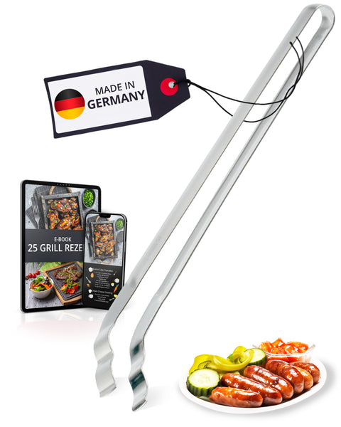 Thiru Grillzange gebogen 34 cm – Edelstahl Einstück-Zange mit gewelltem Greifende & Profi-Qualität